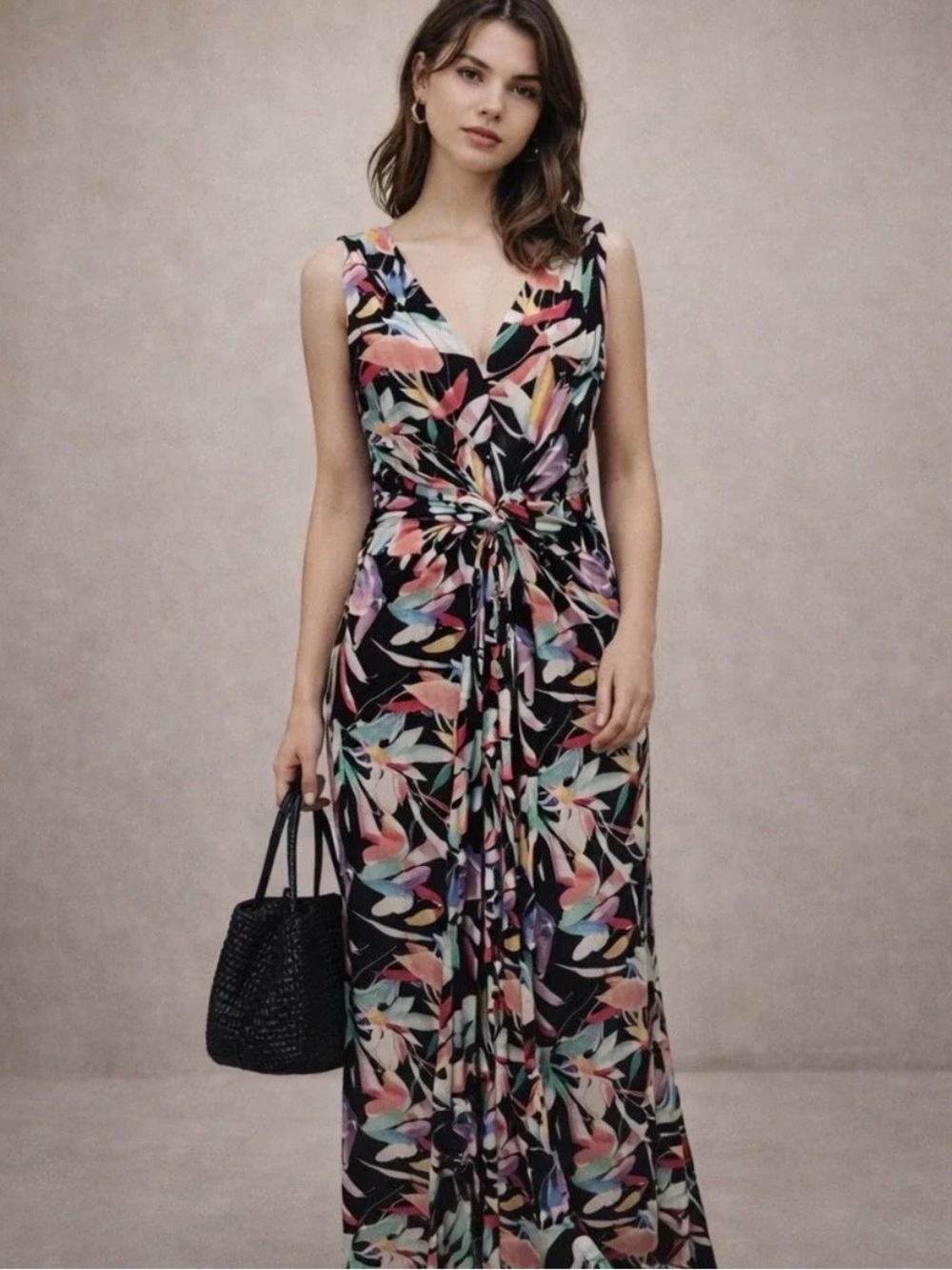 IMAN Black Floral Twist-Front V-Neck Maxi Dress EUC